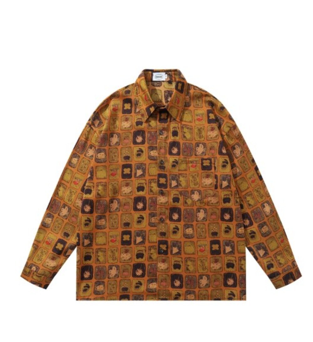 Orange Retro Cartoon Tile Print Long Sleeve Shirt